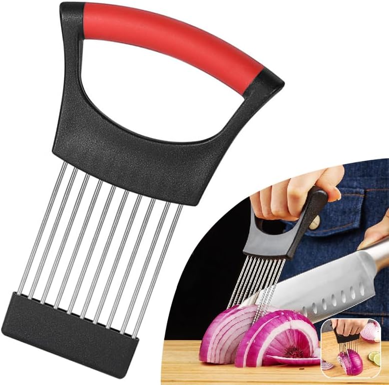 AZOFIA Onion Holder for Slicing, Lemon Slicer Cutter, Food Vegetable Chopper Assistant Tool for Meat, Potato and Tomato (Red, 1PCS) - Image 1